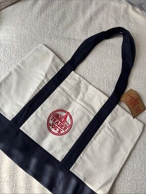 Trader Joe's Two-Tone Canvas Tote Bag in Cream and navy blue